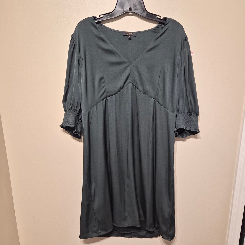 Quince Large Washable Stretch Silk Puff Sleeve Mini Dress Forest Green